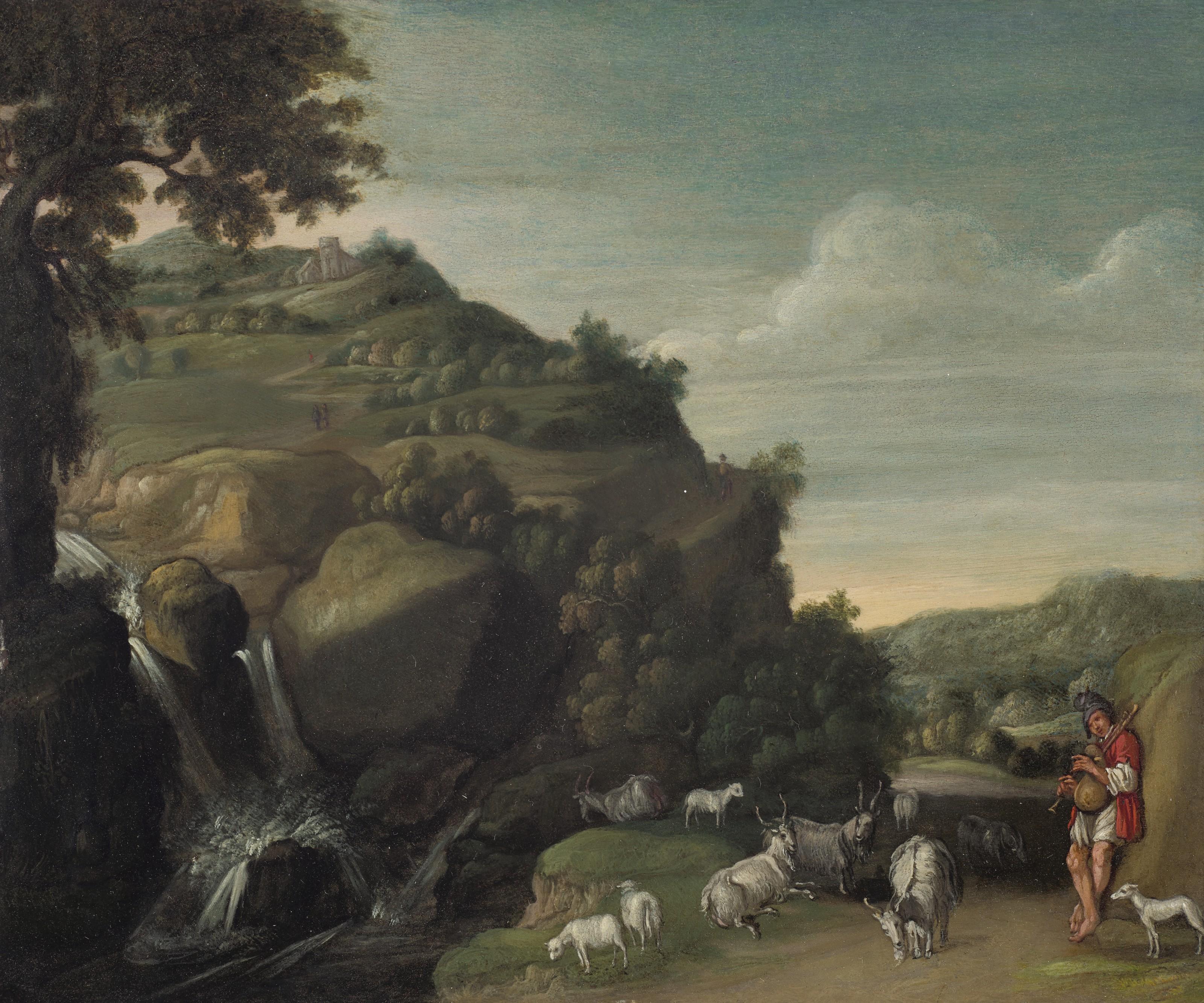 Jacob Pynas - A hilly landscape with a waterfall and a goatherd