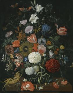 Jacob Rootius - Still Life Of Flowers In A Vase On A Stone Ledge With A Corn Cob And A Snail