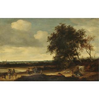 Jacob Salomonsz. van Ruysdael - A Landscape With Cavaliers In The Foreground, A Church Beyond
