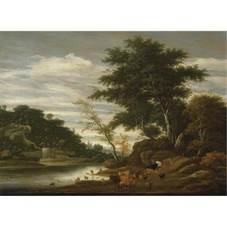 Jacob Salomonsz. van Ruysdael - A River Landscape With Cattle