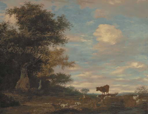 Jacob Salomonsz. Van Ruysdael - A shepherd and his dog resting in a wooded landscape, cattle and sheep nearby