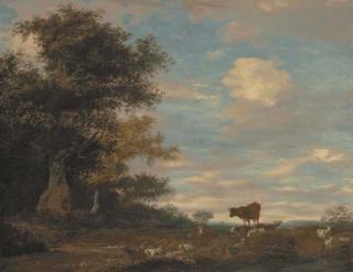 Jacob Salomonsz. Van Ruysdael - A shepherd and his dog resting in a wooded landscape, cattle and sheep nearby