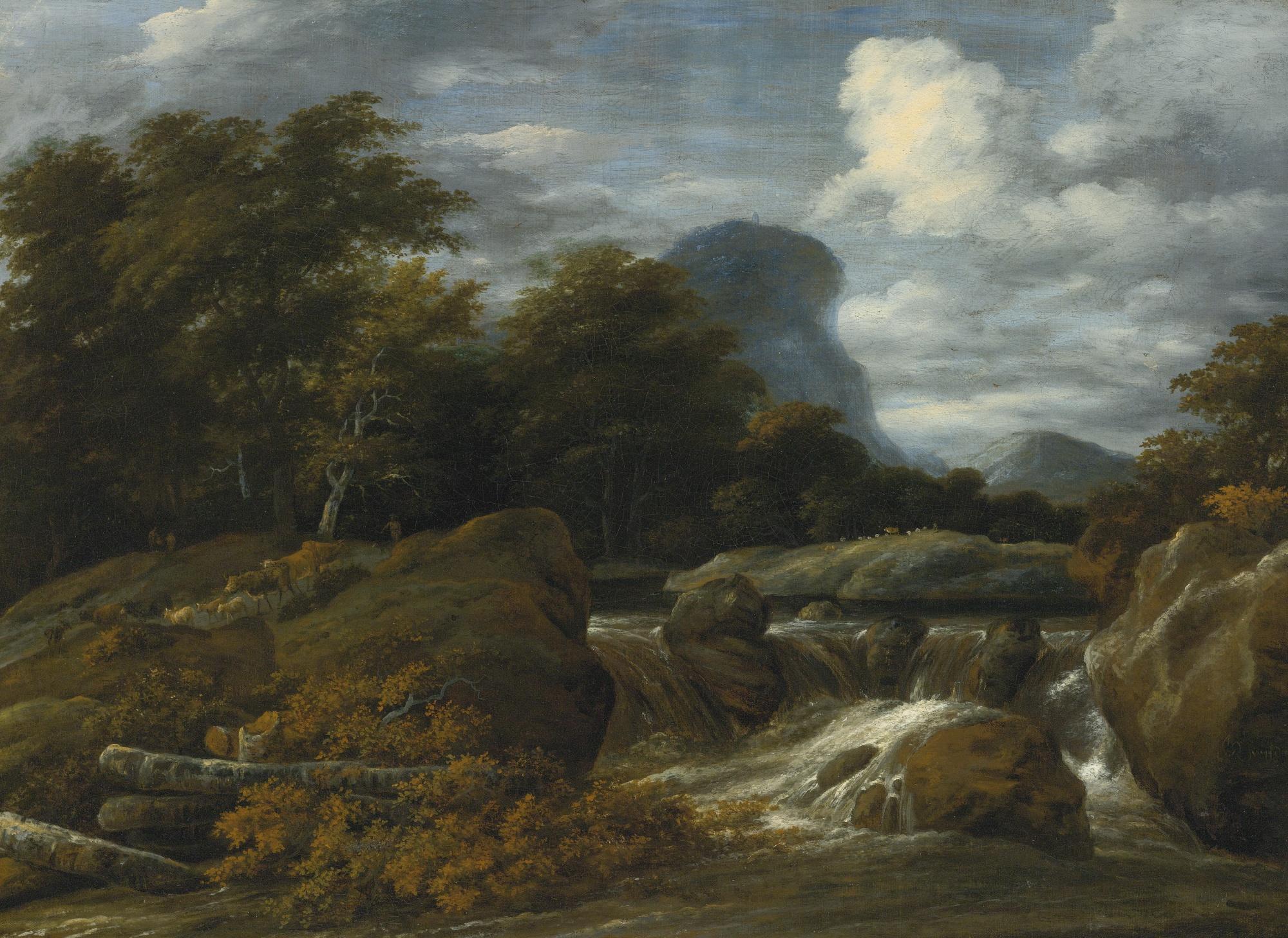 Jacob Salomonsz. Van Ruysdael - A Wooded Landscape With A Waterfall