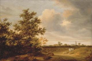 Jacob Salomonsz. van Ruysdael - A wooded landscape with cattle, a church beyond