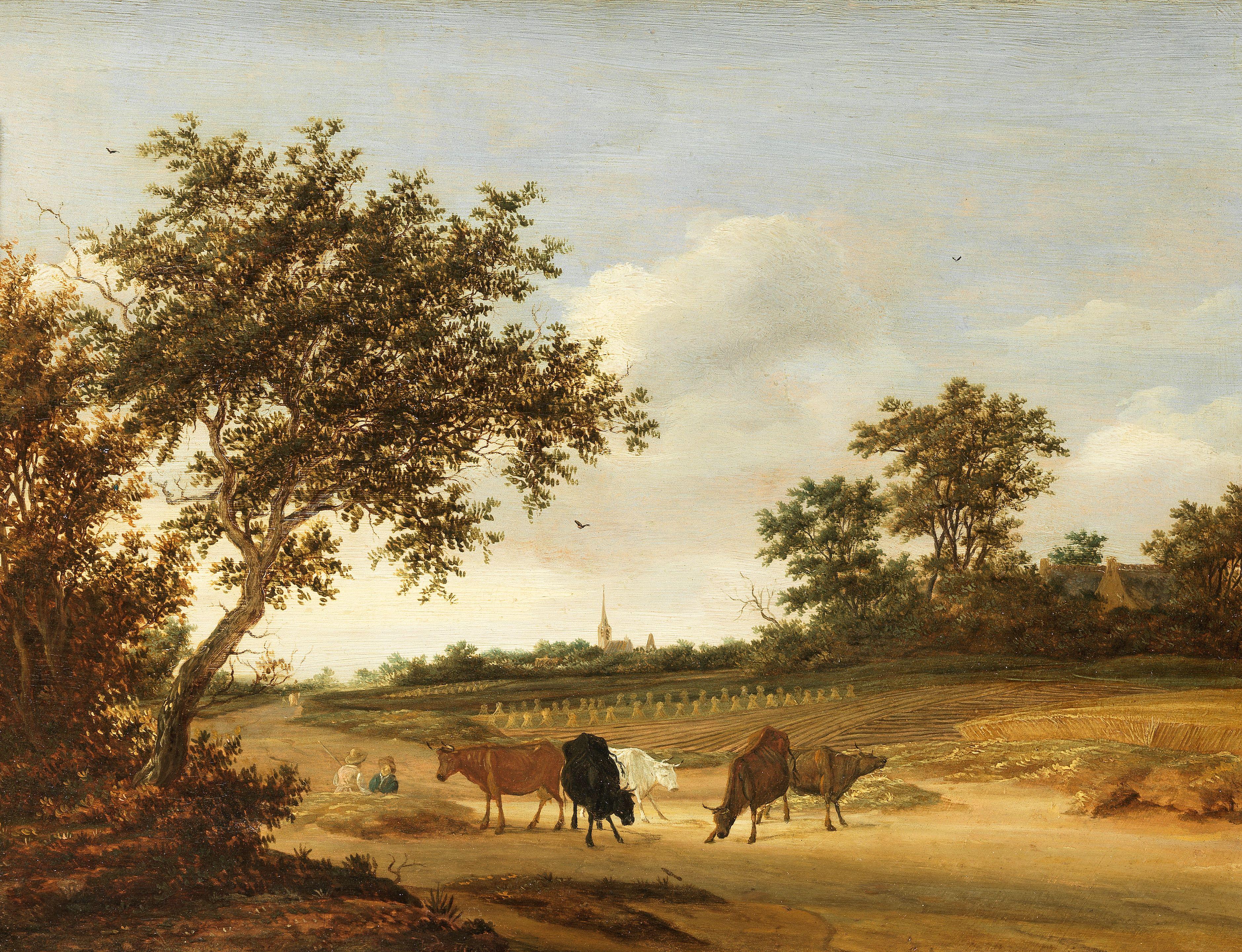 Jacob Salomonsz. Van Ruysdael - A Wooded Landscape With Cattle Grazing On A Path, A Church Spire Beyond
