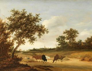 Jacob Salomonsz. Van Ruysdael - A Wooded Landscape With Cattle Grazing On A Path, A Church Spire Beyond