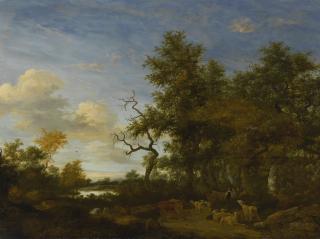 Jacob Salomonsz. Van Ruysdael - A Wooded Landscape With Shepherds And Their Flock Of Cattle And Sheep