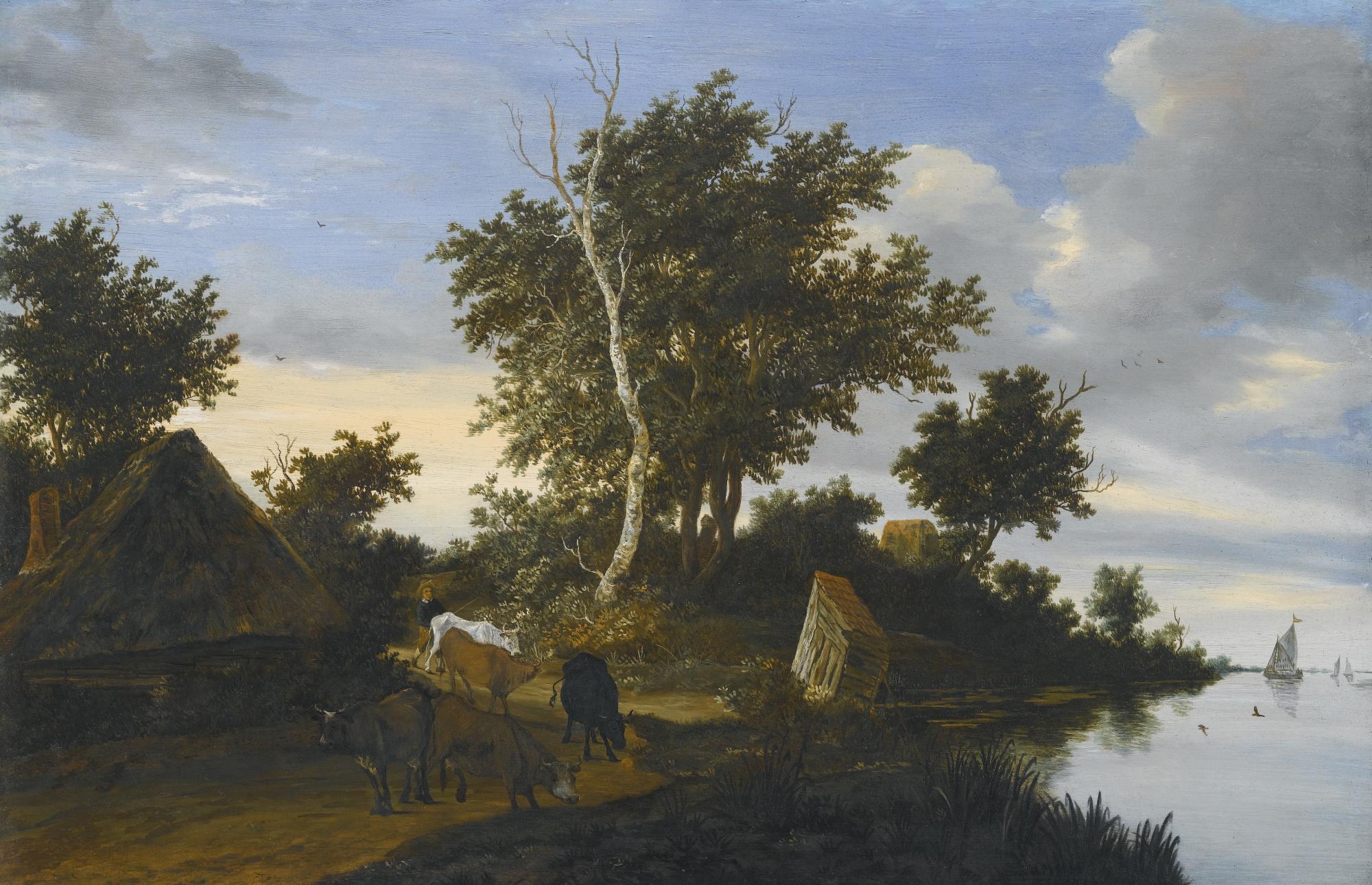 Jacob Salomonsz. Van Ruysdael - A Wooded River Landscape With A Herdsman And His Cattle By A Cottage