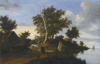 Jacob Salomonsz. Van Ruysdael - A Wooded River Landscape With A Herdsman And His Cattle By A Cottage