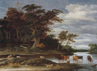 Jacob Salomonsz. van Ruysdael - A wooded river landscape with herdsmen, cattle and sheep