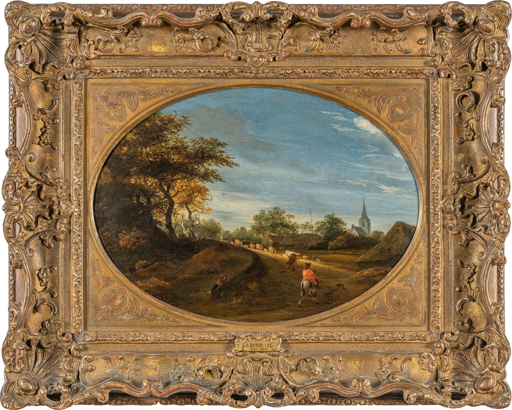Jacob Salomonsz. van Ruysdael - Baumreiche Landschaft mit Viehherde und Reiter, im Hintergrund ein Dorf mit Kirche
