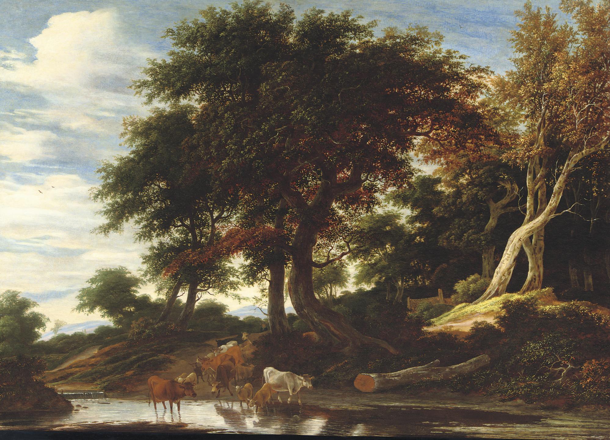 Jacob Salomonsz. Van Ruysdael - Cattle fording a stream in a wooded landscape
