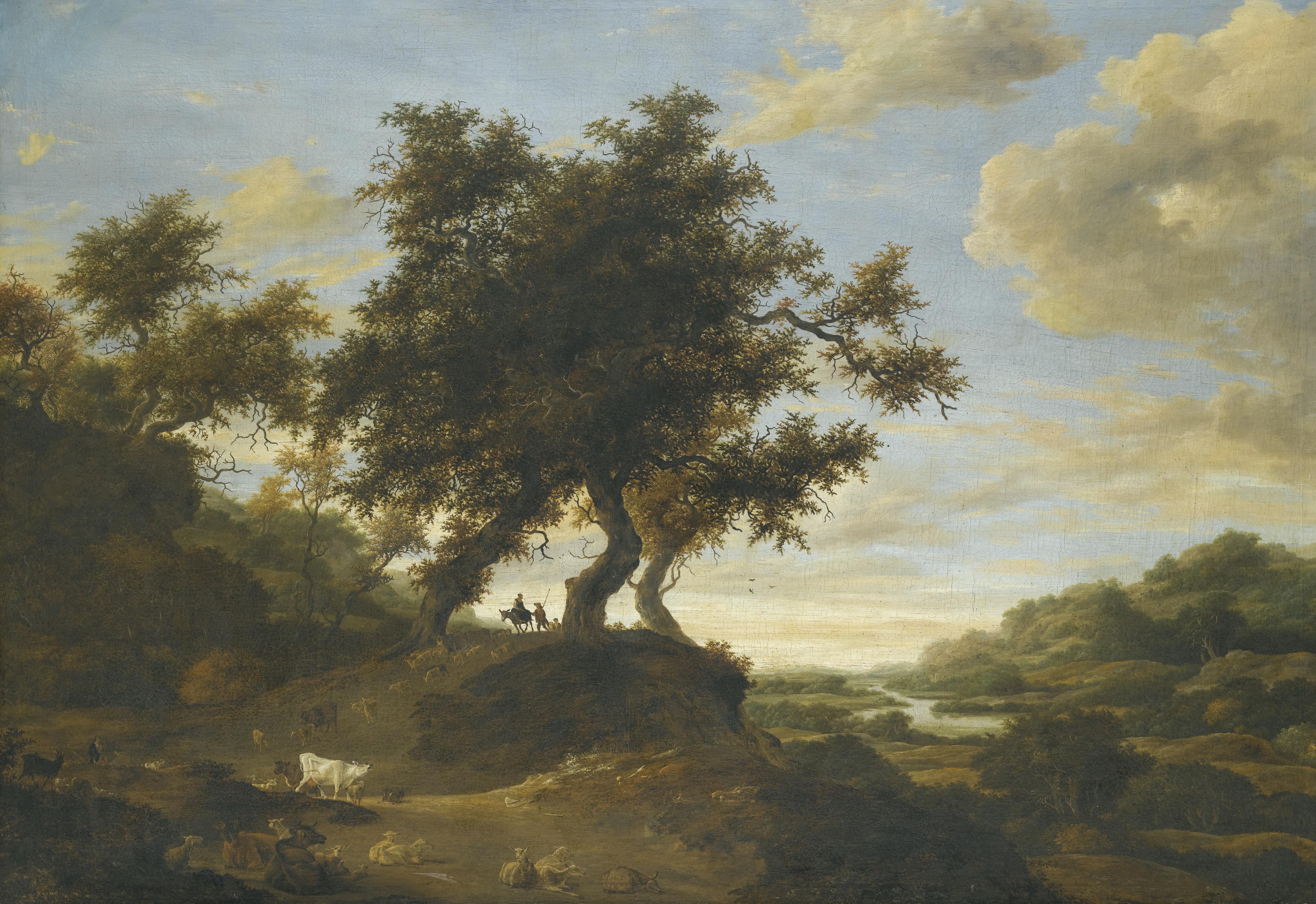 Jacob Salomonsz. Van Ruysdael - Herders On Lightly Wooded Raised Ground Overlooking An Expansive River Landscape