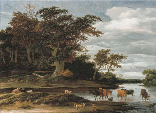 Jacob Salomonsz. van Ruysdael - Herdsmen with cattle and sheep in a wooded river landscape