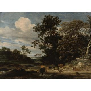 Jacob Salomonsz. van Ruysdael - Wooded Landscape With Herd Animals Resting By A Pond