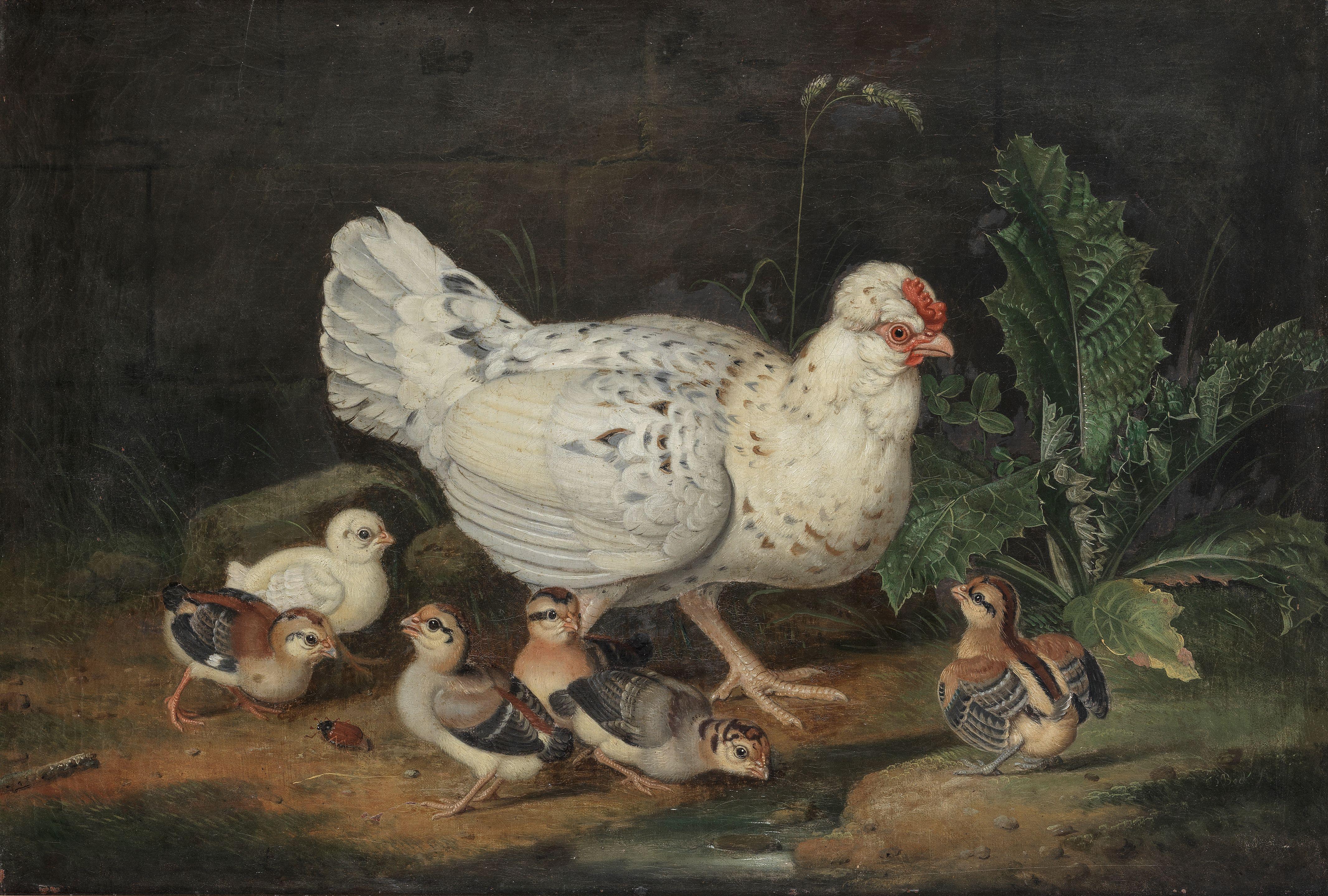 Jacob Samuel Beck - A hen and her chicks in a landscape; and Ornamental pigeons with their fledglings (2)