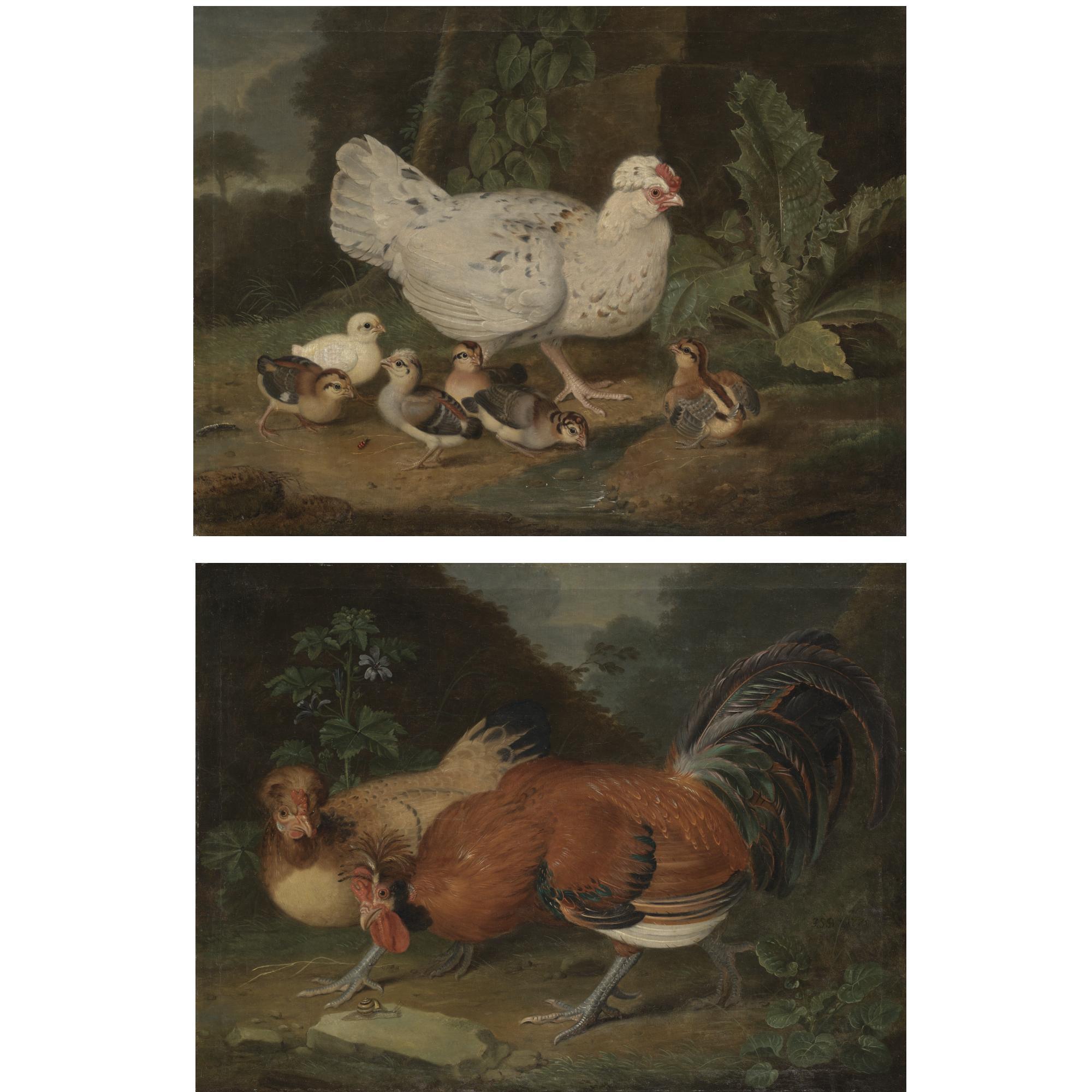 Jacob Samuel Beck - A Landscape With A Cockrel And A Hen; A Landscape With A Hen And Her Chicks
