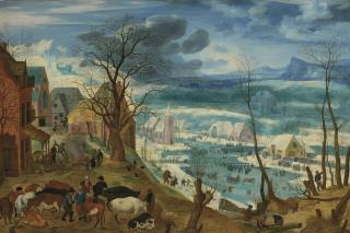 Jacob Savery The Elder - A winter landscape with peasants and cattle by a farmstead, with skaters on a frozen river beyond