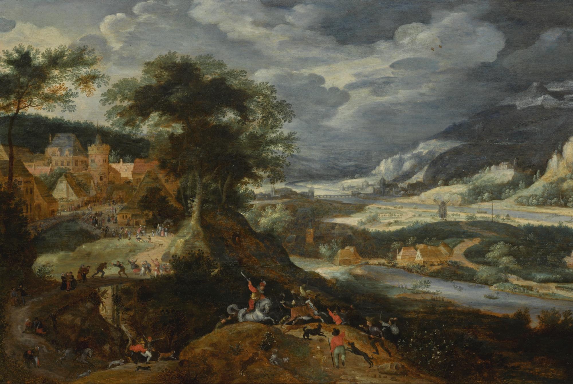 Jacob Savery The Elder - An Extensive Landscape With A Bull Hunt