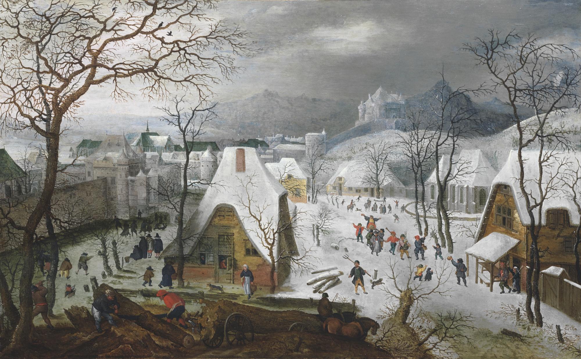 Jacob Savery The Elder - The Season Of Winter: A Snowy Landscape With A Wedding Procession And Figures Playing On The Ice Outside A Walled Town
