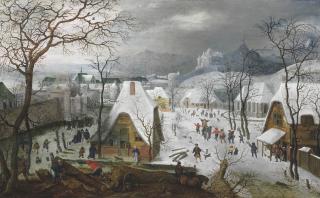 Jacob Savery The Elder - The Season Of Winter: A Snowy Landscape With A Wedding Procession And Figures Playing On The Ice Outside A Walled Town
