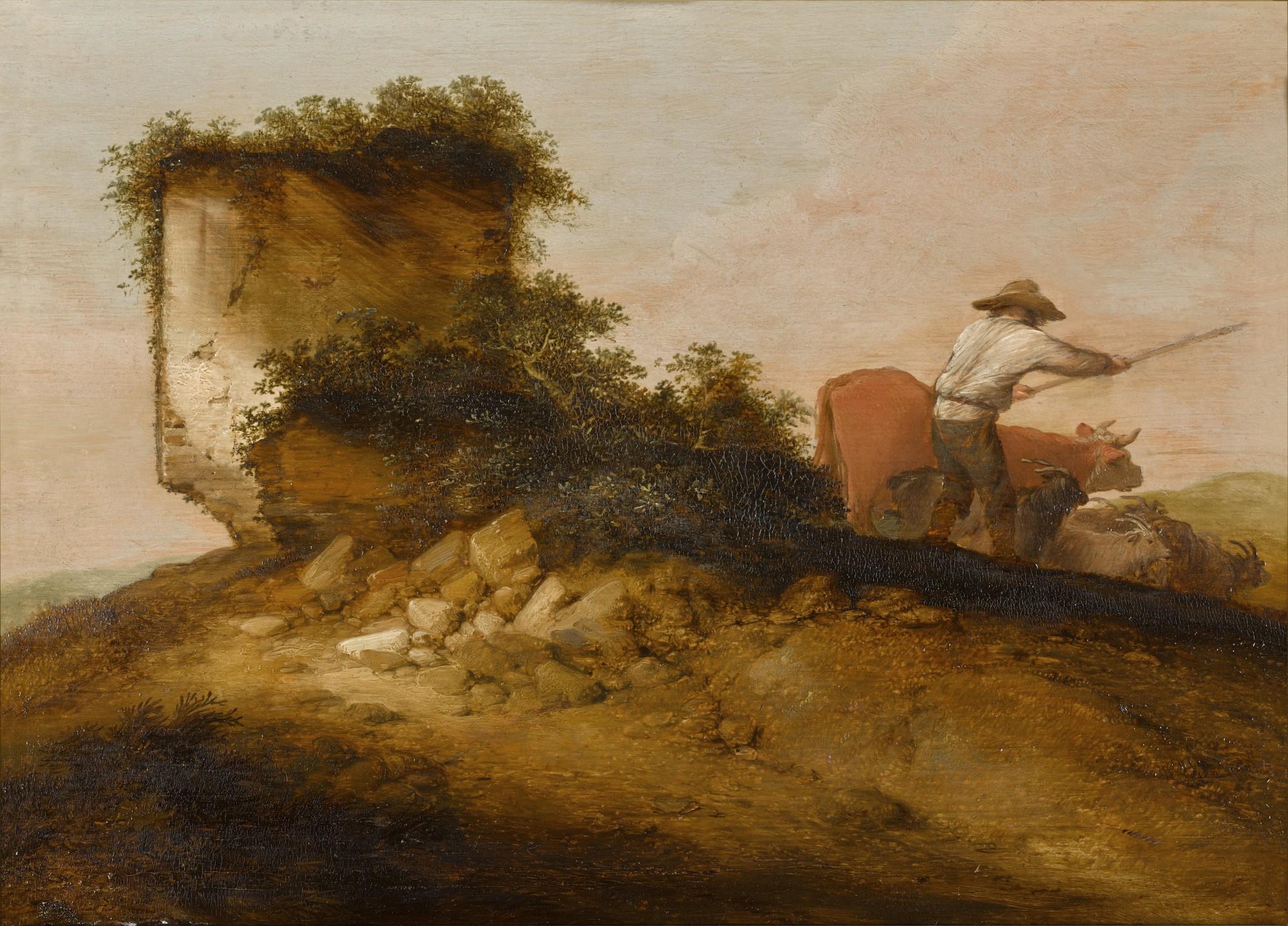 Jacob Sibrandi Mancadan - A drover with his cattle by ruins on a bank