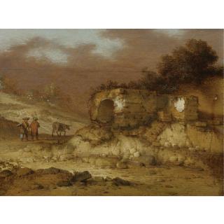Jacob Sibrandi Mancadan - A Landscape With Ruins And Figures Driving A Donkey