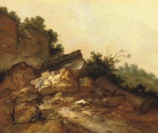 Jacob Sibrandi Mancadan - A rocky landscape with two peasants conversing near classical ruins