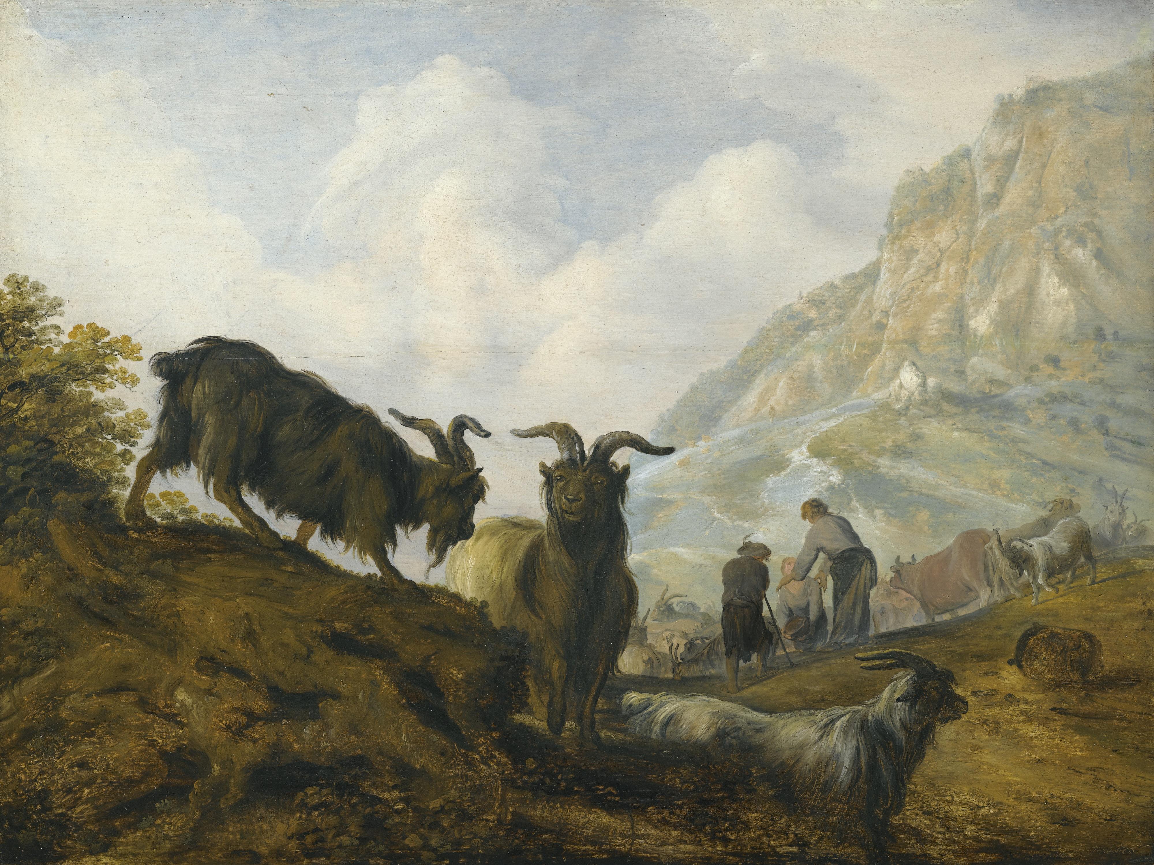 Jacob Sibrandi Mancadan - Goats On A Hillside With Herders Beyond