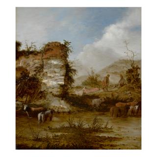 Jacob Sibrandi Mancadan - River Landscape With Cattle Watering And Herdsmen Resting On The Bank