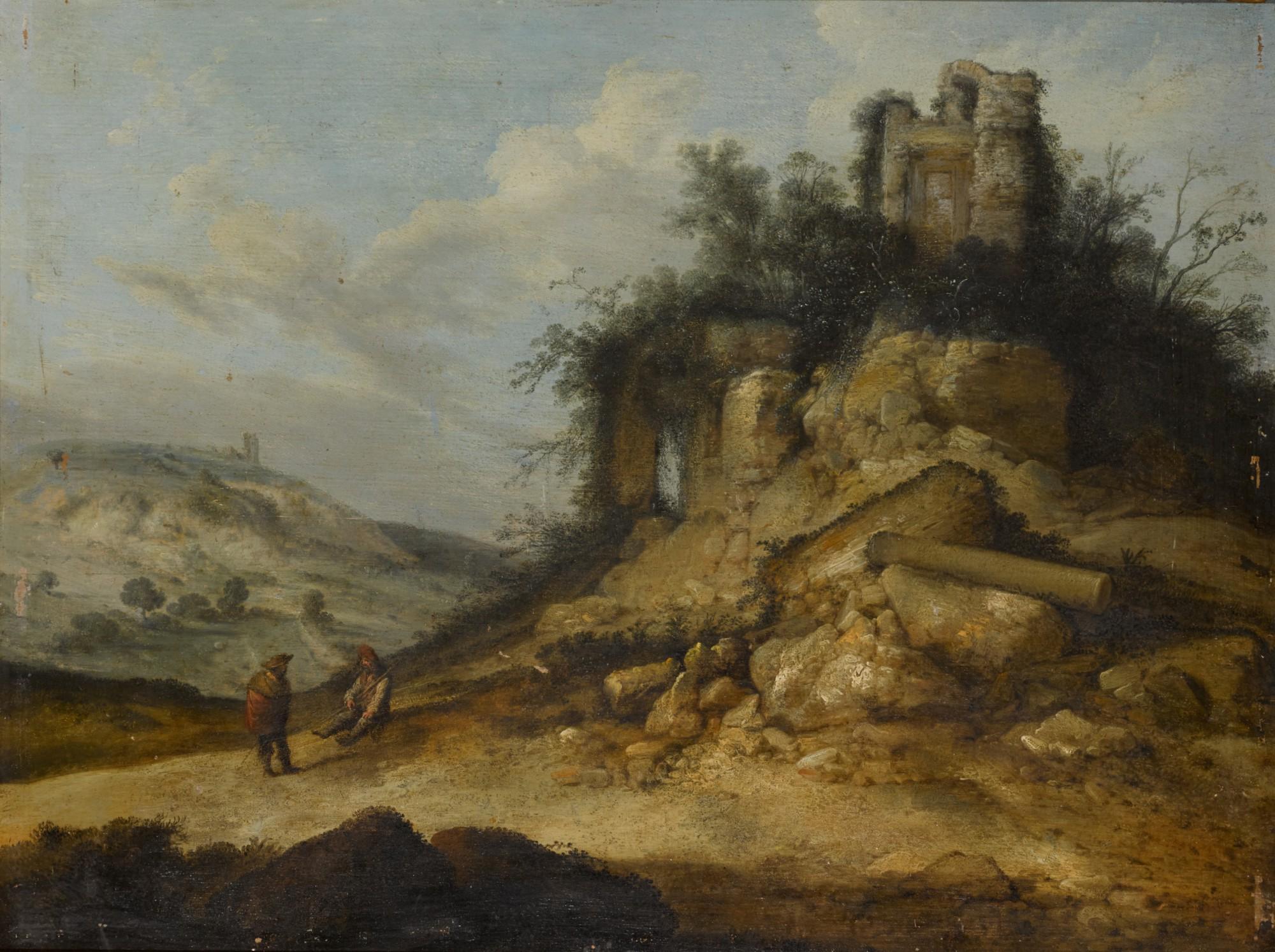 Jacob Sibrandi Mancadan - Travellers Resting In A Landscape With Ruined Buildings
