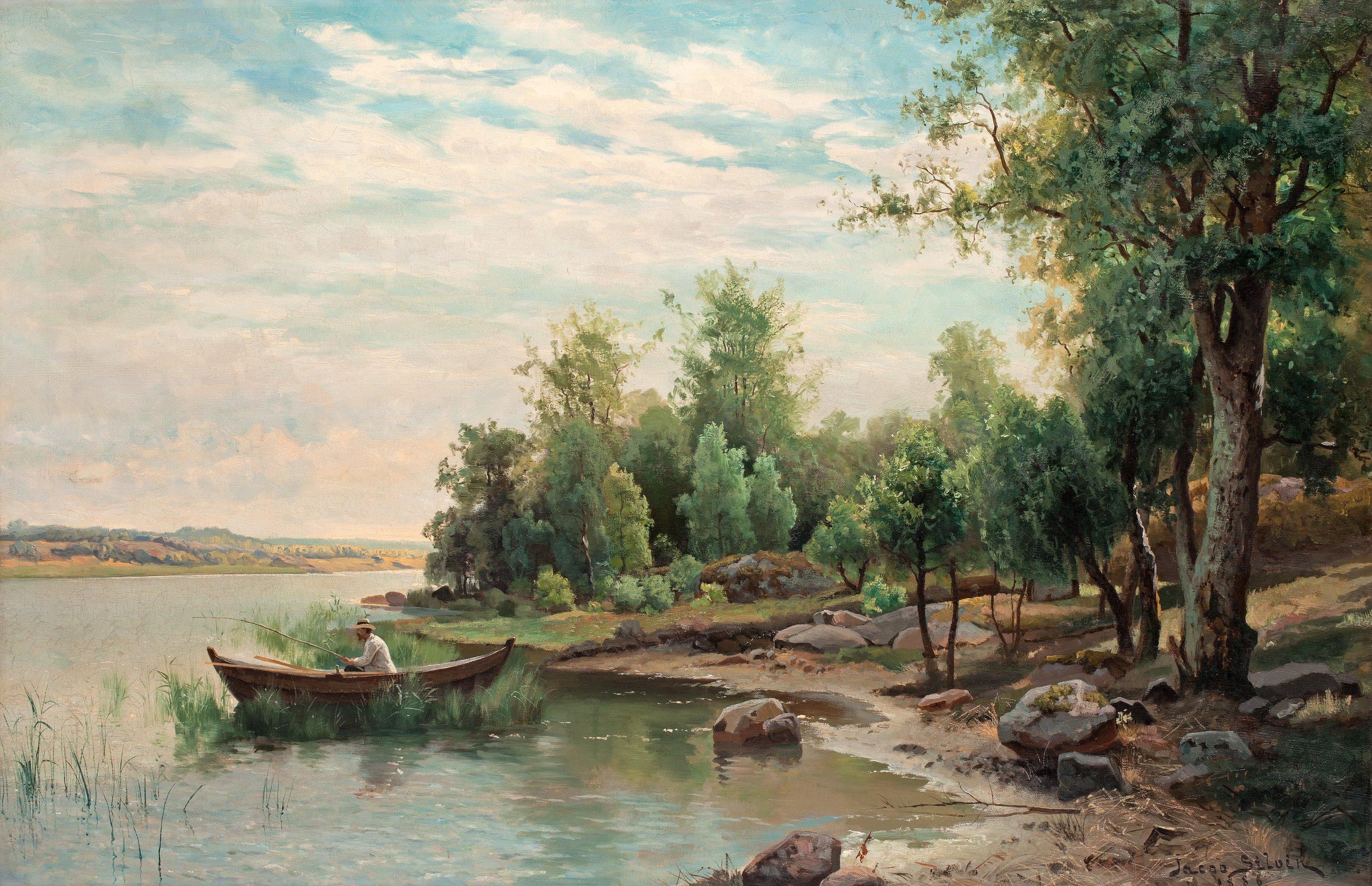 Jacob Silvén - View of a lake with angling man in a boat