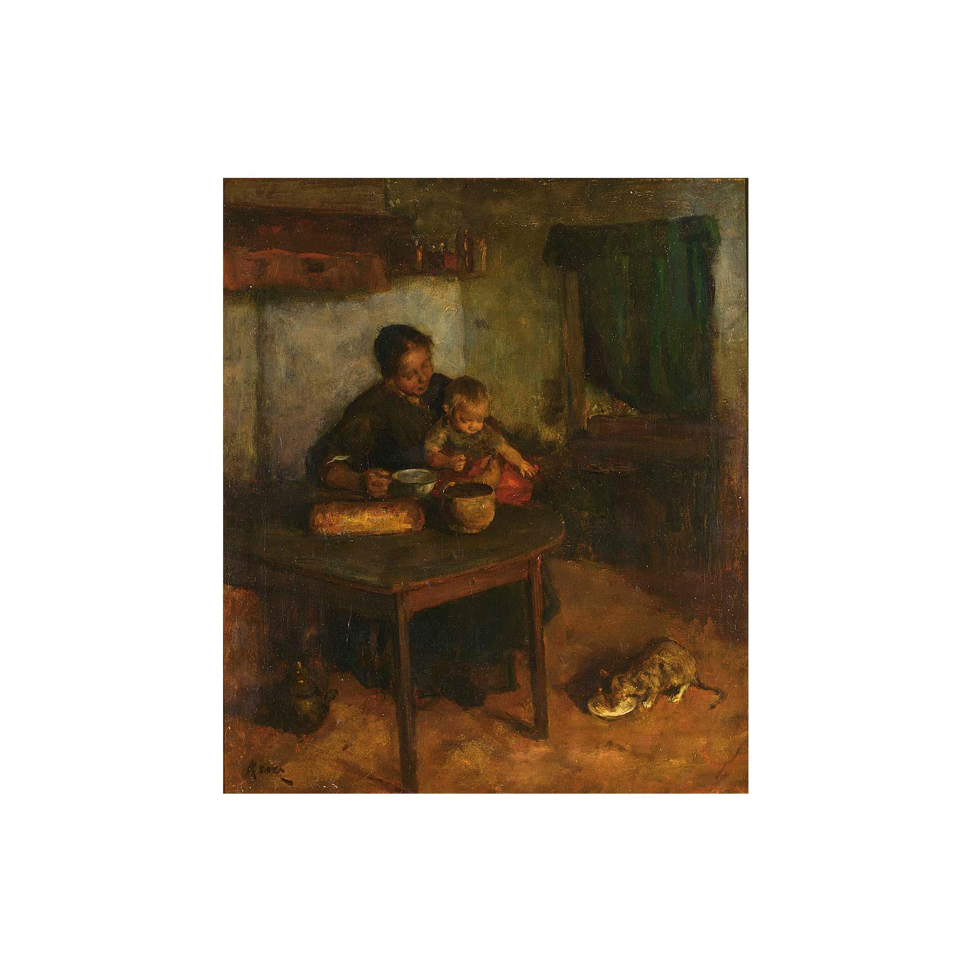 Jacob Simon Hendrik Kever - A Cottage Interior With Mother And Child