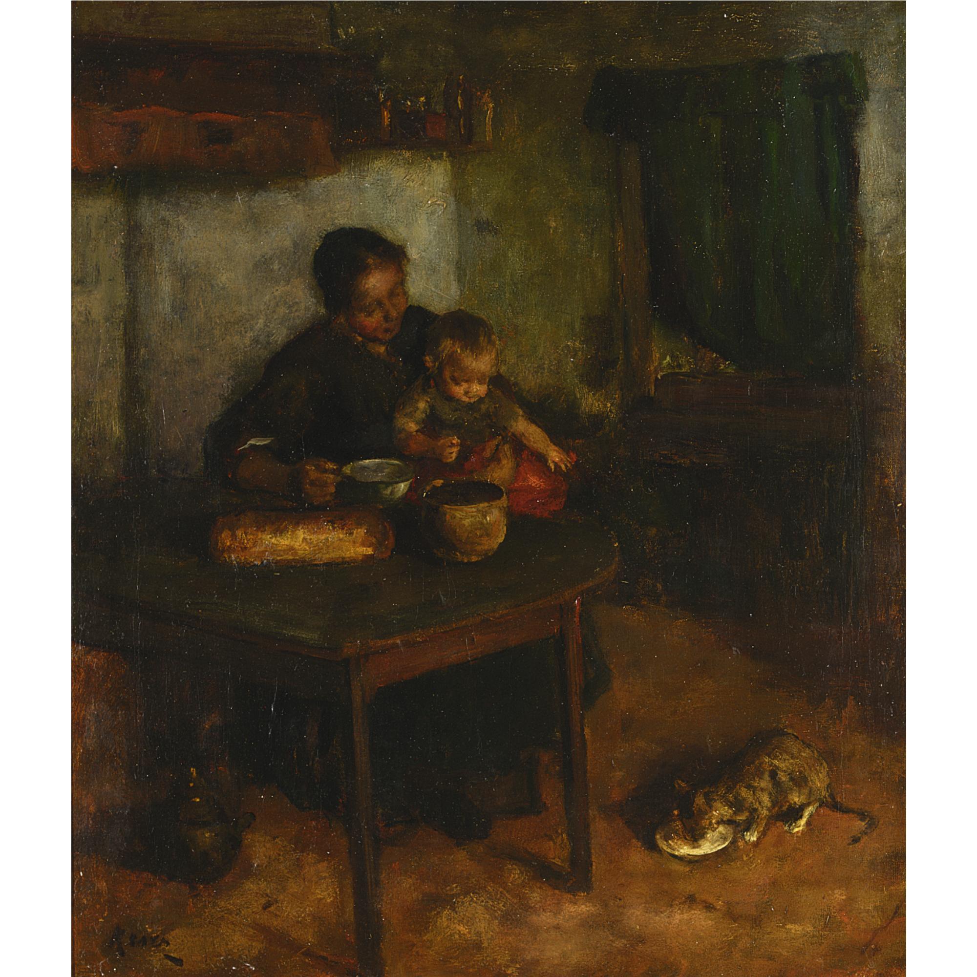 Jacob Simon Hendrik Kever - A Cottage Interior With Mother And Child