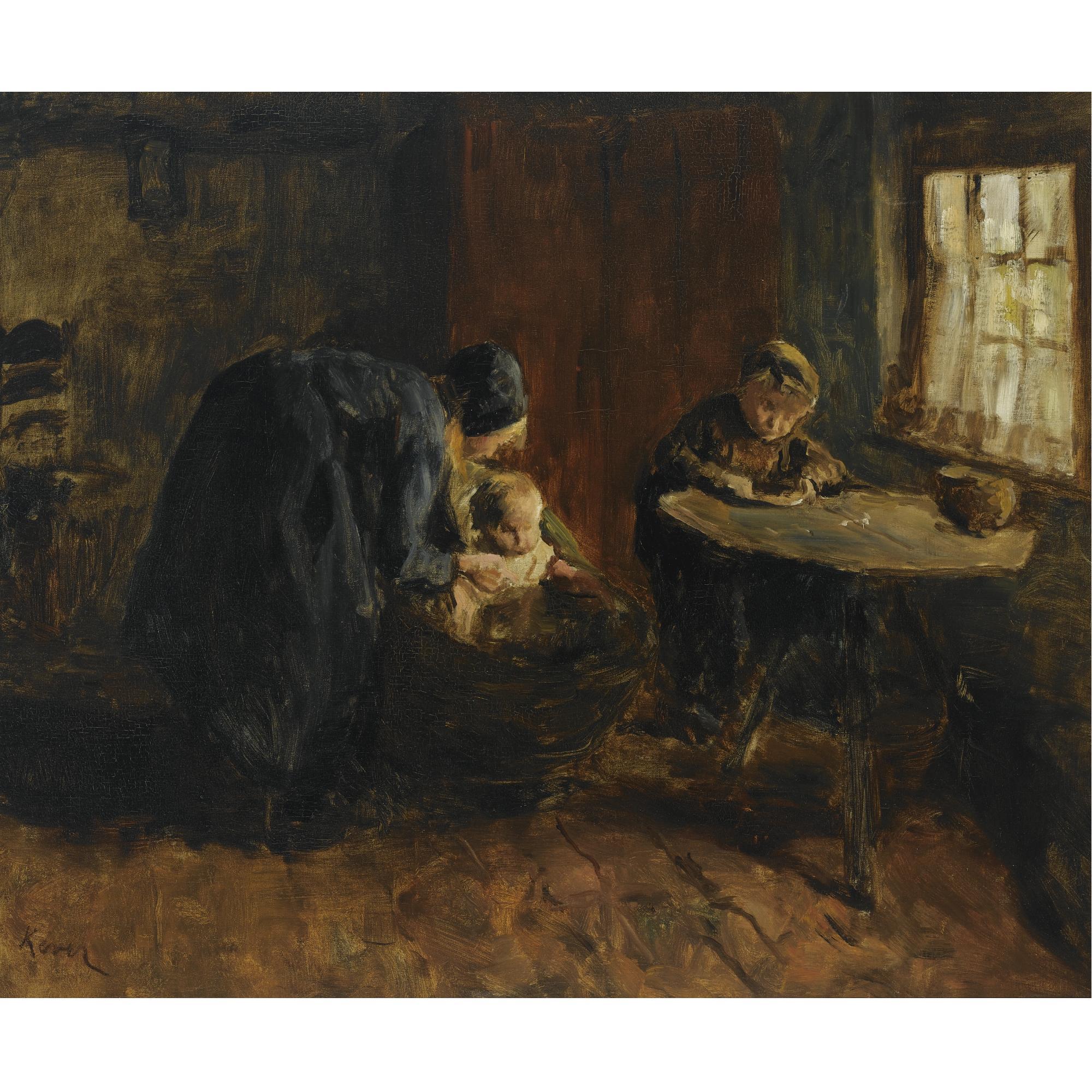 Jacob Simon Hendrik Kever - A Peasant Woman And Her Children In An Interior