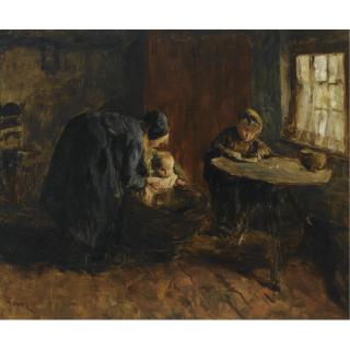 Jacob Simon Hendrik Kever - A Peasant Woman And Her Children In An Interior