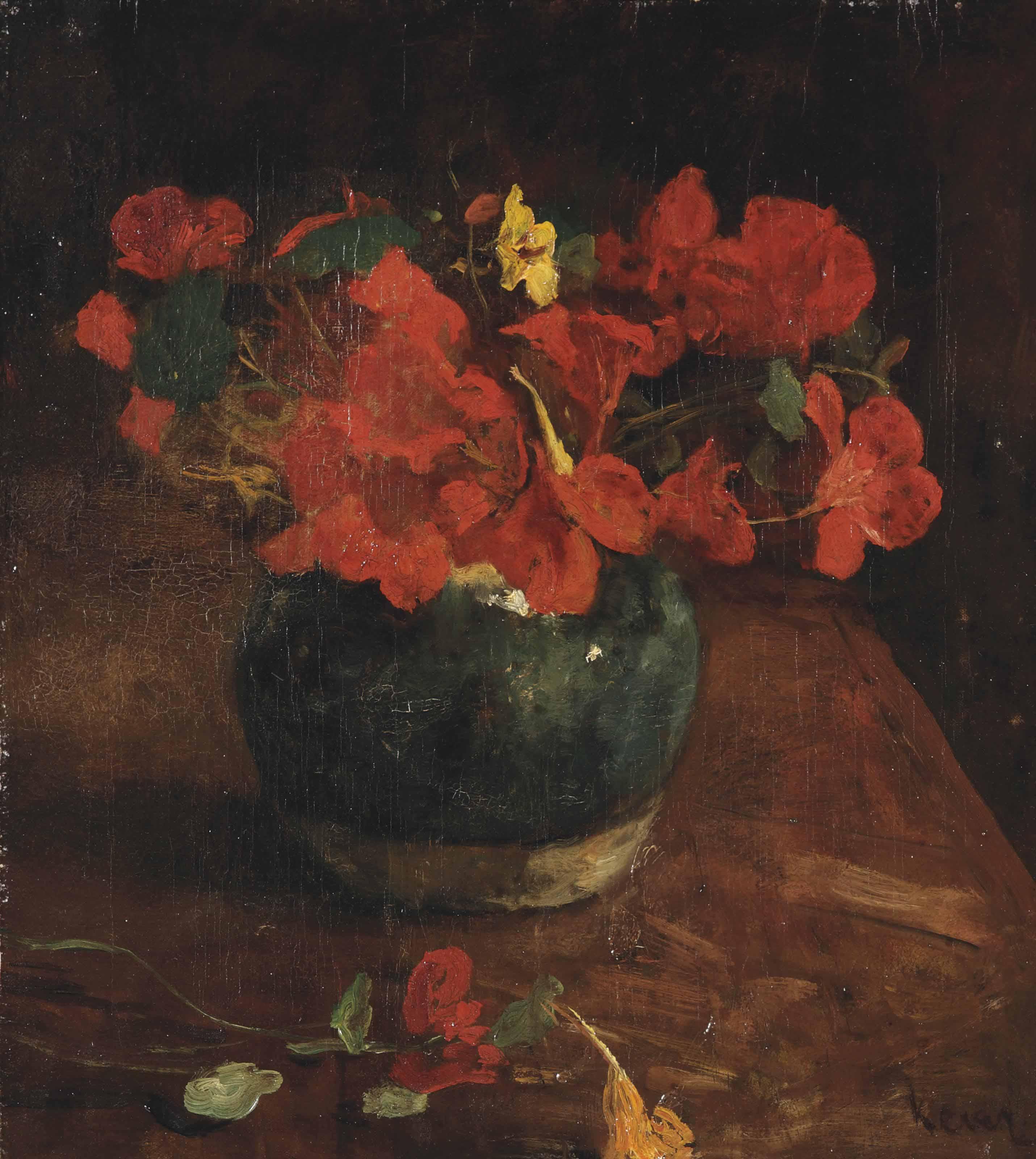 Jacob Simon Hendrik Kever - A Still Life With Indian Cress In A Ginger Jar