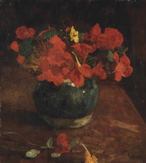 Jacob Simon Hendrik Kever - A Still Life With Indian Cress In A Ginger Jar