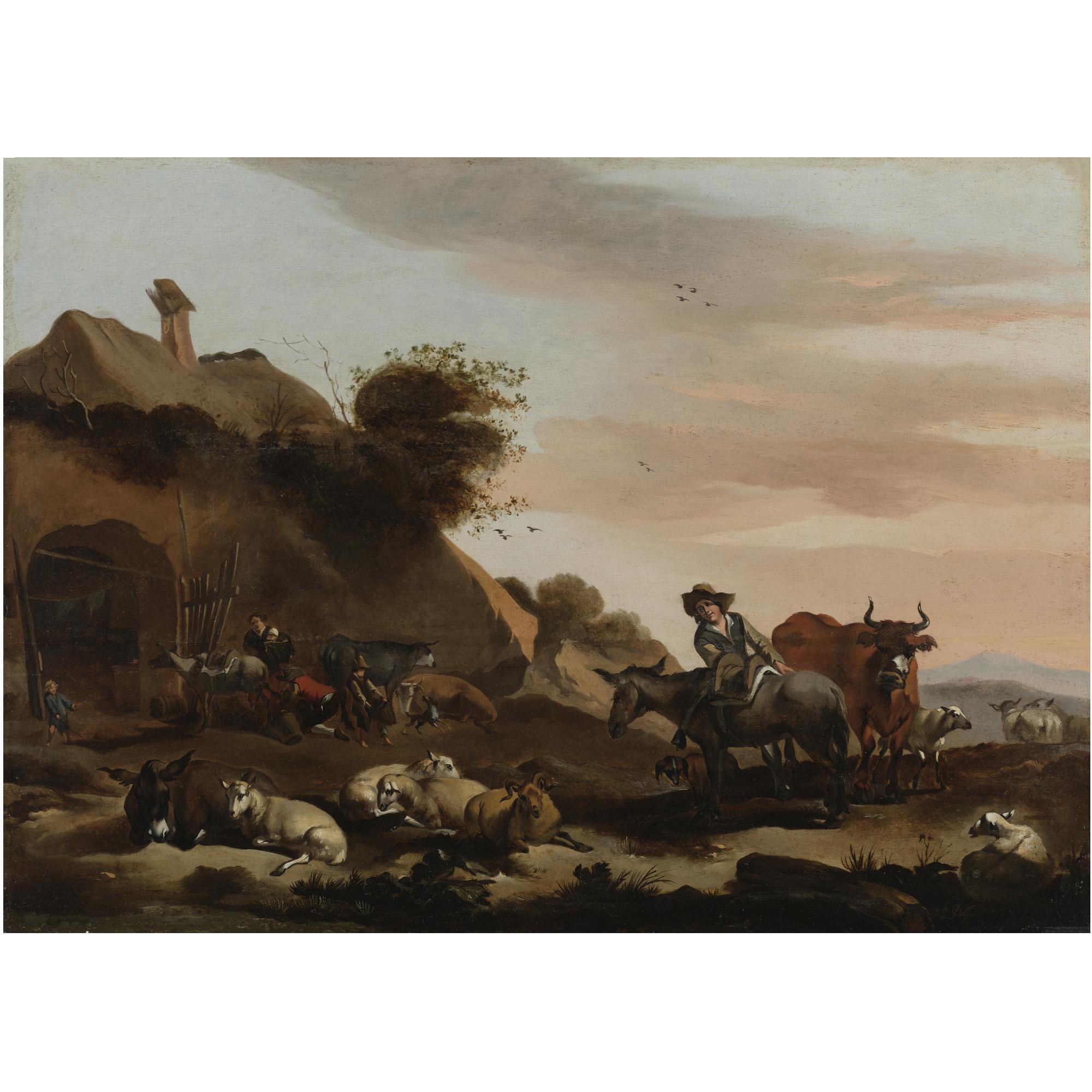 Jacob Simonsz. van der Does - Landscape With Herders Tending To Their Livestock Outside Of A Barn