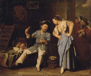 Jacob Toorenvliet - A man spinning yarn with a peasant woman and a baby in a wicker cot