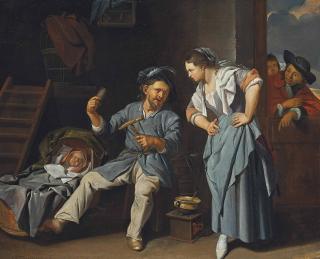 Jacob Toorenvliet - A man spinning yarn with a peasant woman and a baby in a wicker cot