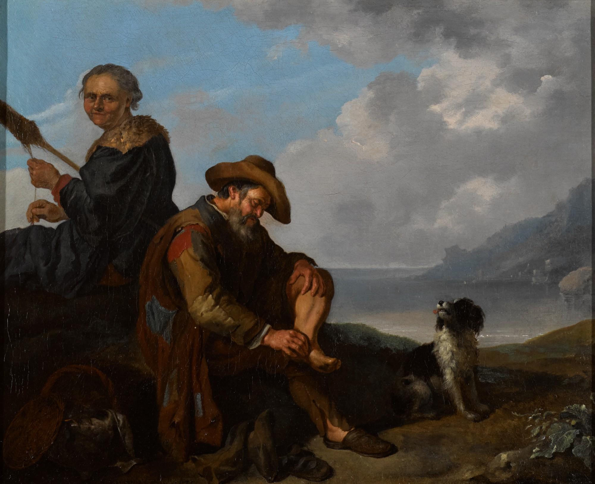 Jacob Toorenvliet - A Southern Coastal Landscape With A Pair Of Figures And A Dog Resting In The Foreground 