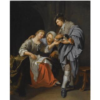 Jacob Toorenvliet - An Interior Scene With Two Seated Women Conversing With A Standing Young Man, Elegantly Dressed, Holding A Dog 