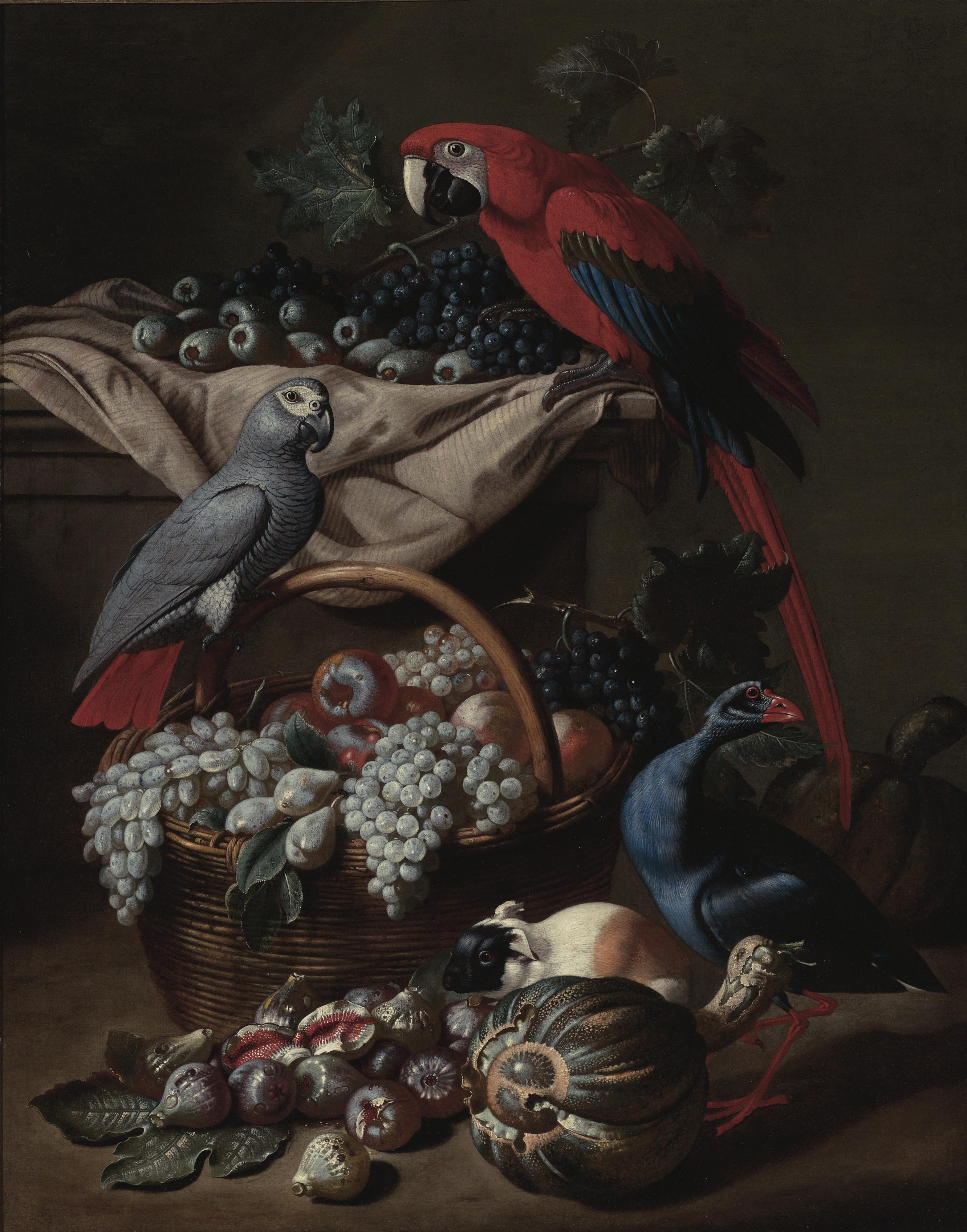 Jacob Van De Kerckhoven - Still Life With Two Parrots, A Guinea Pig, A Basket Of Fruit And Fowl