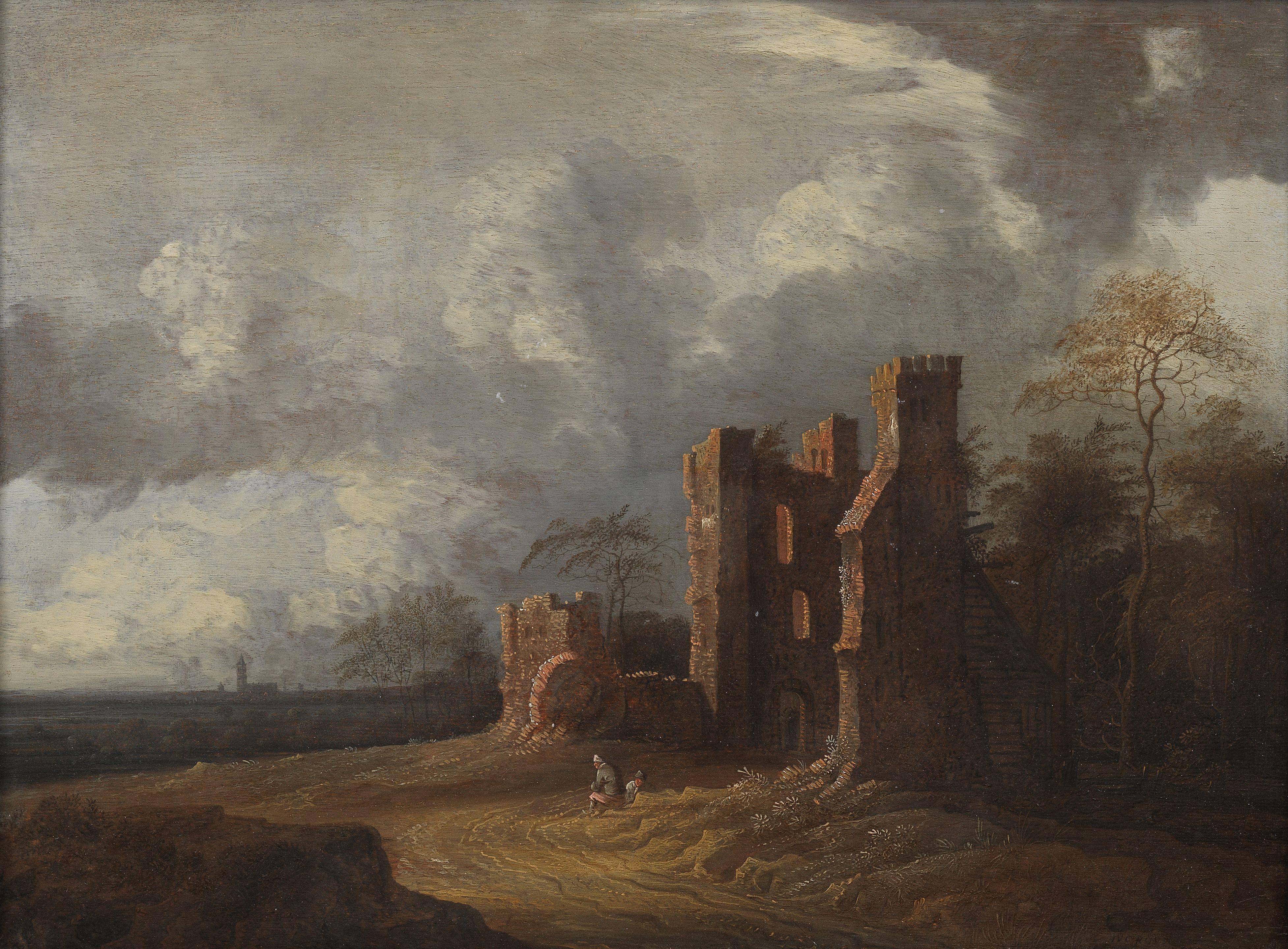 Jacob van der Croos - A landscape with ruins and two figures resting in the foreground