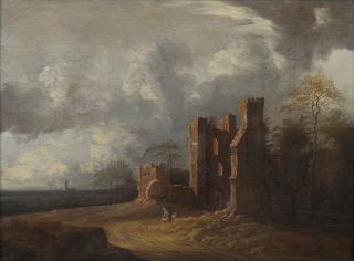 Jacob van der Croos - A landscape with ruins and two figures resting in the foreground
