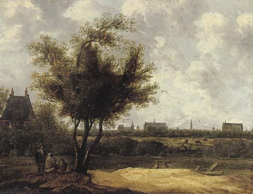 Jacob van der Croos - A Wooded Landscape With Figures In The Foreground And The City of Leiden In The Distance
