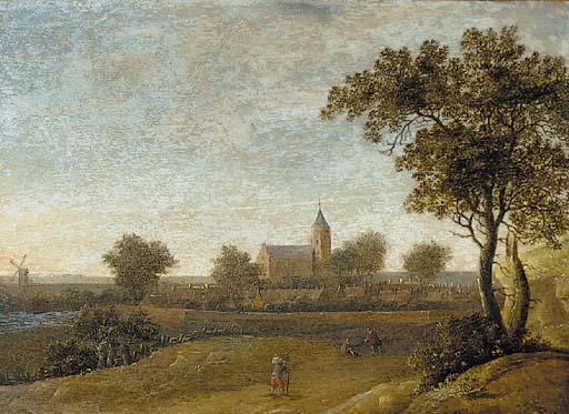 Jacob van der Croos - An  extensive landscape travellers on a path, a walled town beyond