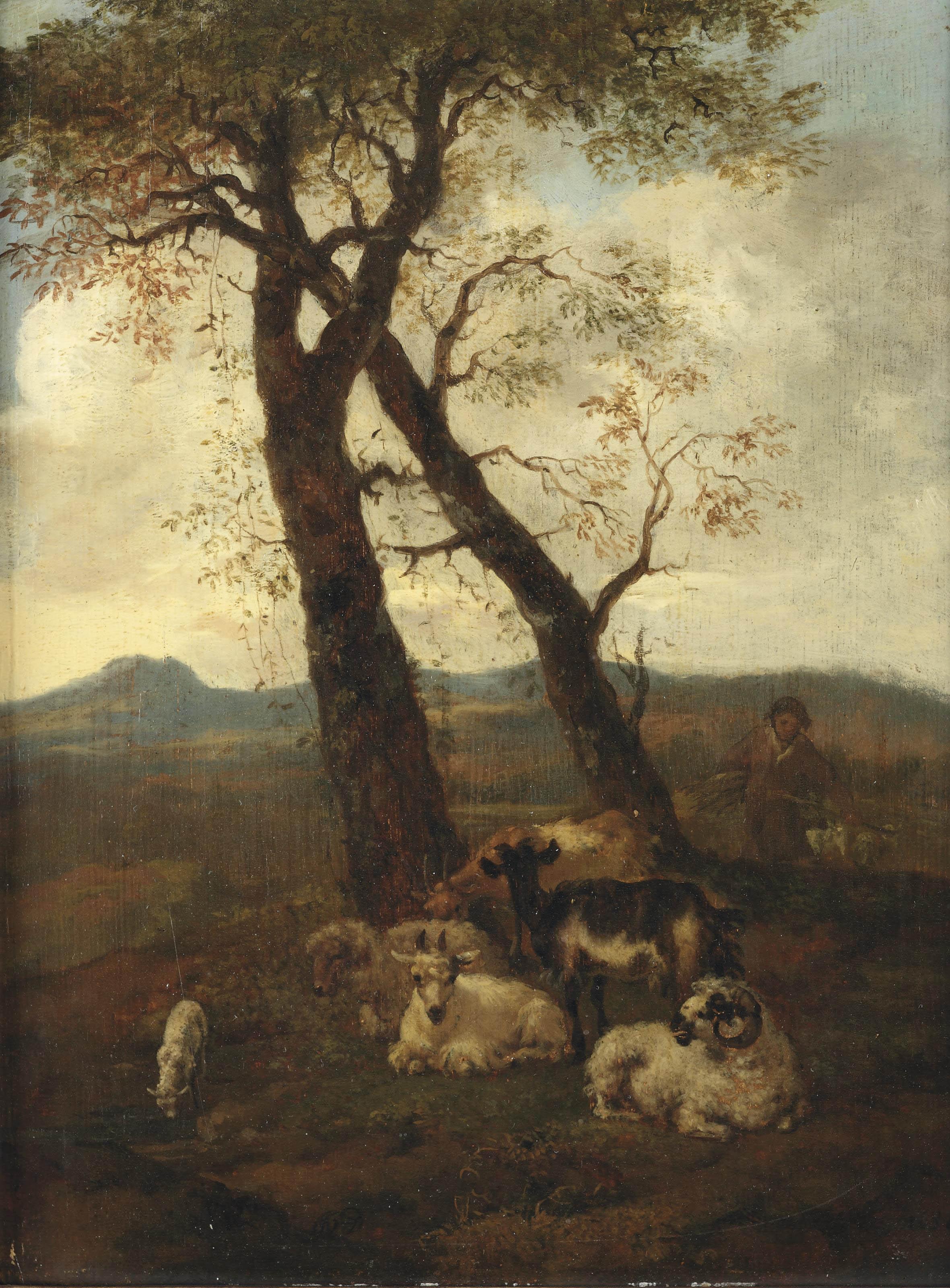 Jacob van der Does - A hilly landscape with a shepherd and his flock