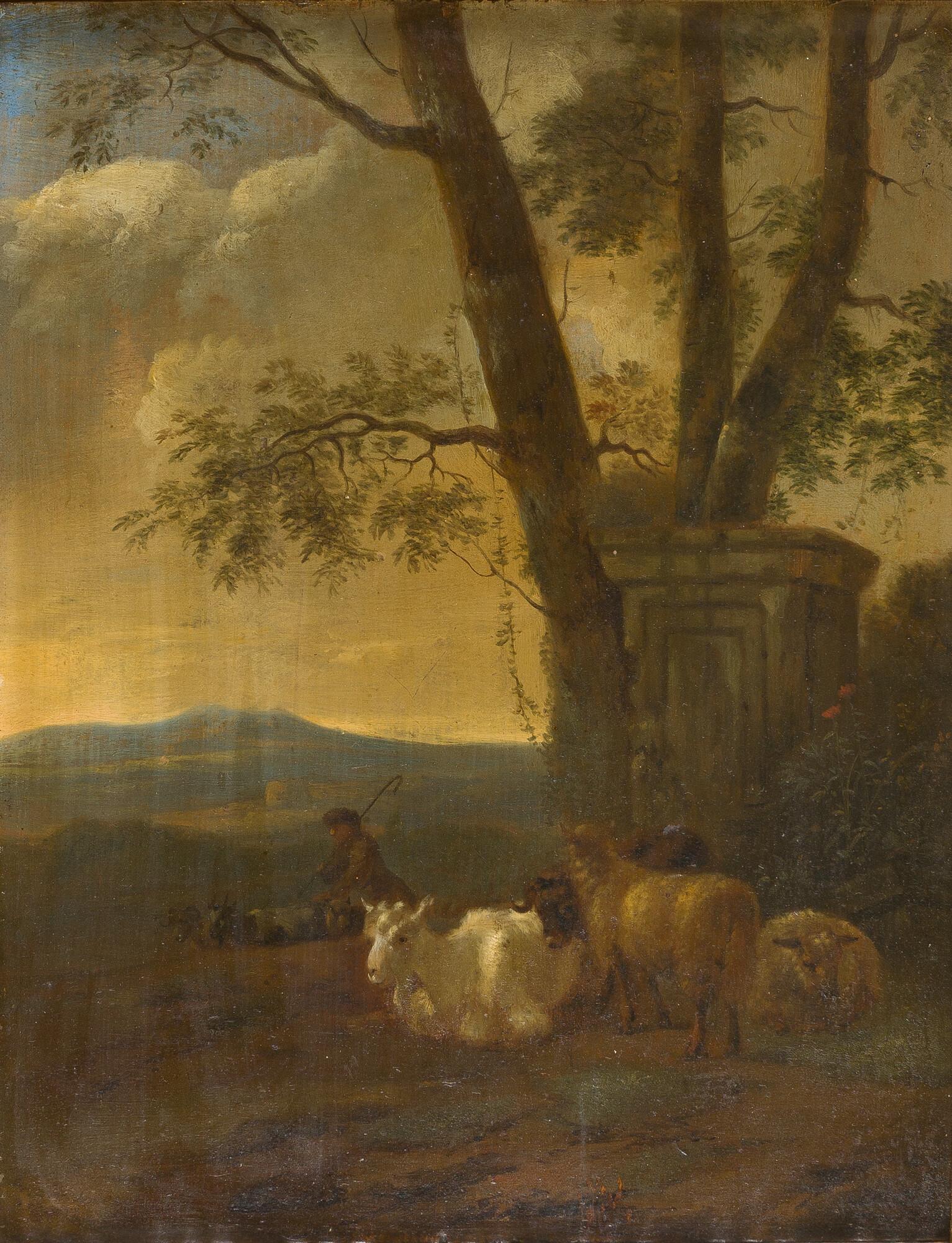 Jacob van der Does - Ziegenhirte in einer hügeligen Landschaft.